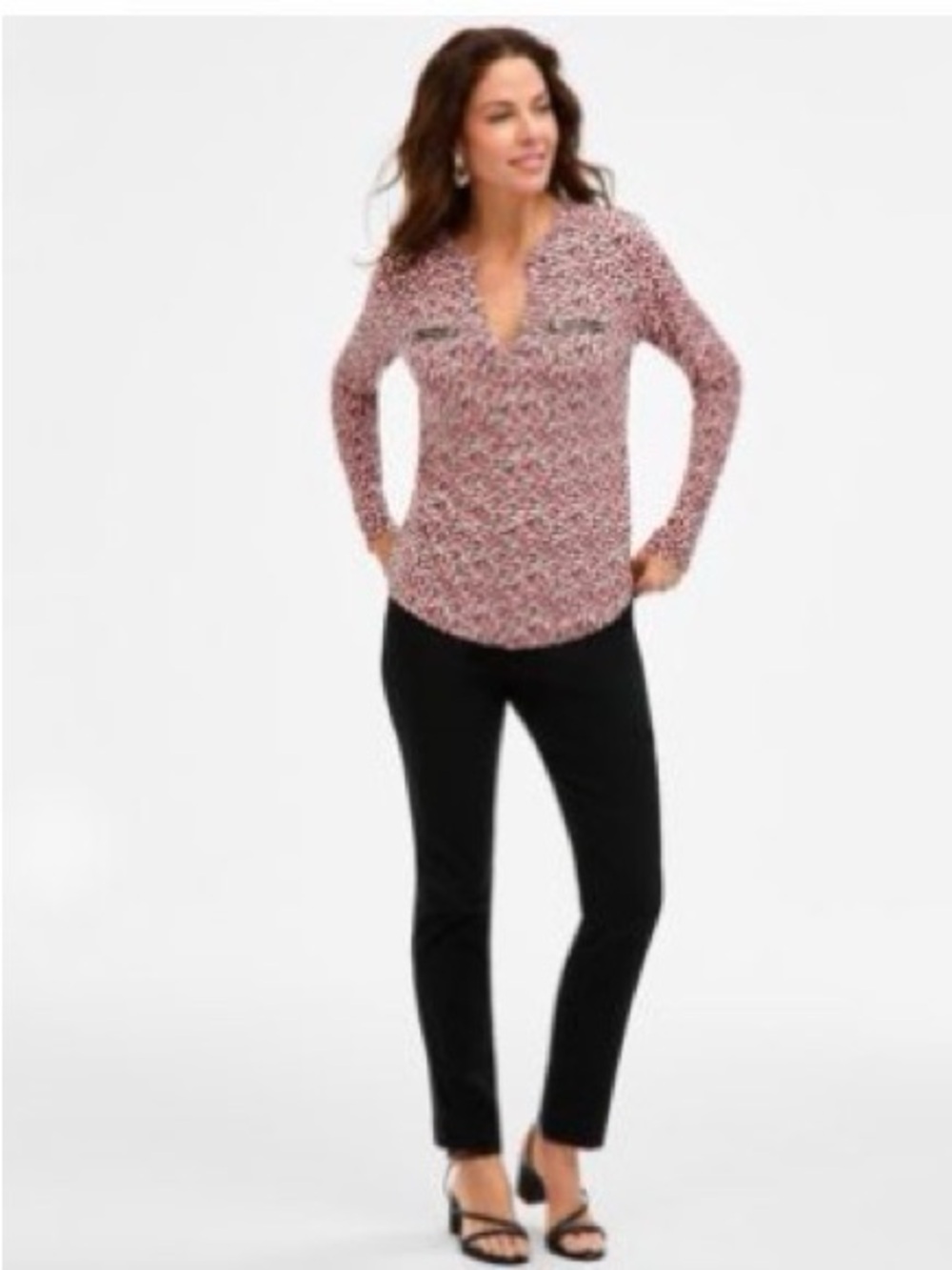 JM Collection Pink Printed V-Neck Long-Sleeve Top